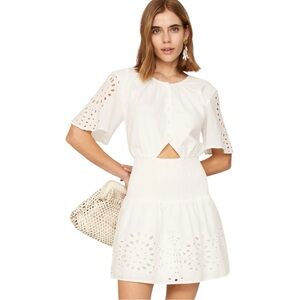 Thakoon Collective Eyelet Smocked Short Sleeve Mini Dress White